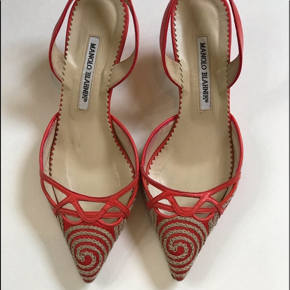 Manolo Blahnik Embroidered Slingback Kitten Heels
